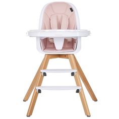 a baby high chair with wooden legs and pink seat cover on it's back