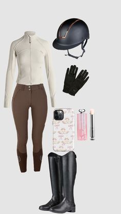 a woman's equestrian outfit including riding boots, gloves and phone case is shown