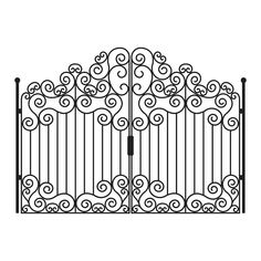 an iron gate with swirly designs on the top and bottom, in black against a white background