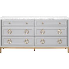 a grey dresser with gold handles and drawers on it's sides, against a white background