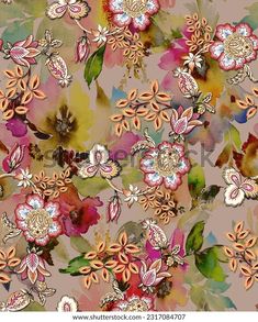 an abstract floral background with flowers and leaves in pink, orange, yellow and green colors