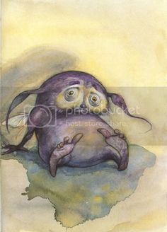 a drawing of a purple creature with big eyes and hands on it's chest