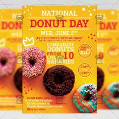 three donuts with sprinkles on them for national donut day flyer