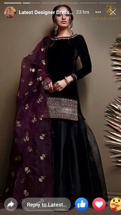 Black Colour Outfits, Organza Gharara, Black Pakistani Dress, Gharara Pants, Gharara Designs, Zainab Chottani, Pakistani Party Wear