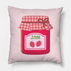 A classic bottle of strawberry jam with a label that has two strawberries and the word "Jam" with a red plaid pattern cover. -- Choose from our vast selection of throw pillows to match with your desired size to make the perfect custom pillow. Pick your favorite: Movies, TV Shows, Art, and so much more! Available in extra small, small, medium, large. For beds, couches/sofas, love seats, and chairs. Perfect for decoration. Strawberry Couch, Jam Bottle, Strawberry Pillow, Strawberry Jam, New Room, Red Plaid, Custom Pillow, Plaid Pattern, Custom Pillows