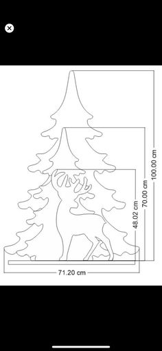 a line drawing of a christmas tree with a deer on the top and bottom side