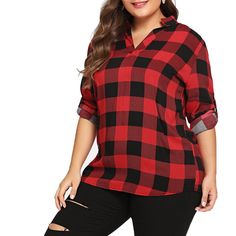 Women Big Size Long Sleeve Check Plaid Shirt Button Down Blouse Tops - Valentine Red - 4L74056314 - Women's Clothing, Women's Tops & T-Shirts, Blouses & Shirts  #BlousesShirts #Women's #Clothing # #Women's #Tops #& #TShirts # #Blouses #& #Shirts Geometric Cardigan, Batwing Cardigan, Blue Striped Top, Cheap Blouses, Half Sleeve Blouse, Blouse Tops, Plaid Fashion, Button Down Blouse, Shirt Button