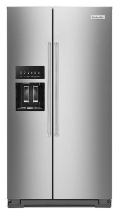 a stainless steel refrigerator freezer with the door open and water dispenser