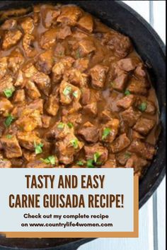 a cast iron skillet filled with tasty and easy carne gusada recipe