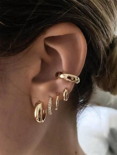 Set de 10 pendientes de aro geométricos de metal con circonita para mujeres, adecuado para vacaciones, citas, uso diario, bodas, cumpleaños, regalo de Navidad Amarillo Oro De moda   Cobre     Women Fashion Jewelry, size features are:Bust: ,Length: ,Sleeve Length: Gold And Silver Jewelry Together Ear, 4 Lobe Piercings, Gold Earing Stacks, Earring Inspo Gold, Multiple Earrings Inspiration, Earring Stacks Gold, Chunky Earrings Aesthetic, Gold And Silver Jewelry Together, Earing Stack Gold