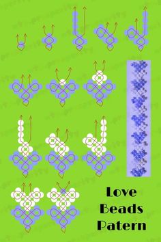 an image of love beads pattern on a green background with the words love beads written in blue