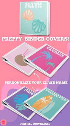 three binders with the words preppy binder covers on them, and an image of