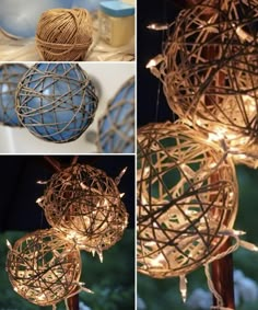 several pictures of balls of string and lights hanging from a pole with strings attached to them