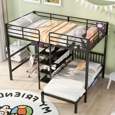 a bunk bed with two sets of mattresses on the bottom and one set of drawers underneath