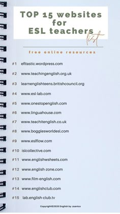 a notebook with the words top 5 website for ell teachers written in english and spanish