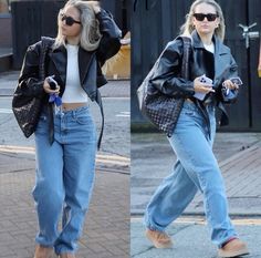 two pictures of a woman walking down the street