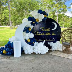 crescent ascent wall navy blue and white balloons with peacock chair Star Theme Party Decorations, Moon And Stars Balloon Backdrop, Moon Themed Decorations, Crescent Moon Balloon Arch, Moon And Star Party Decorations, Moon And Stars Theme Party, Dark Blue Baby Shower Ideas, Moon Theme Baby Shower Ideas, Navy Blue Baby Shower Ideas