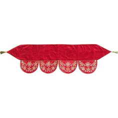 three red curtains with gold trims hanging from the side on a white wall in front of