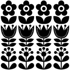 black and white flower silhouettes with dots in the center, on a white background