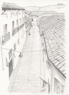 a pencil drawing of an alley way with buildings