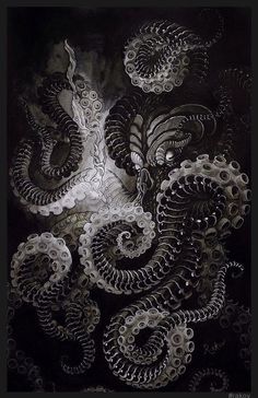 black and white artwork with spirals in the middle, on a dark background by artist mark