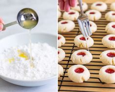 a person pouring sugar on top of cookies and then drizzling them with icing