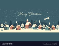 merry christmas card with houses and birds