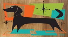 a black dog standing on top of a wooden floor next to an abstract design with stars