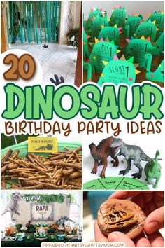 dinosaur birthday party ideas for kids with pictures and text that reads 20 dinosaur birthday party ideas