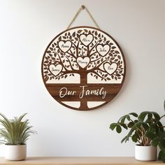 a family tree hanging on the wall next to potted plants and houseplants