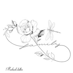 a rose with dragonflies on it and the word love written in cursive writing