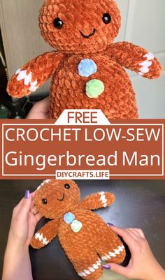 a crocheted gingerbread man with text overlay that reads, free crochet low - sew gingerbread man