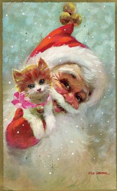 a painting of a dog and cat in santa's hat