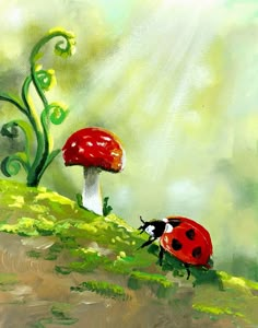 a painting of two ladybugs on a green hill with a mushroom and vine