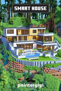 an image of a modern house in minecraft with the words smart house painted on it