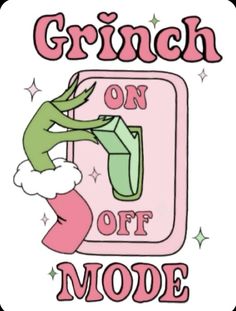 the grin on off mode sign is shown in pink and green with an alligator's head