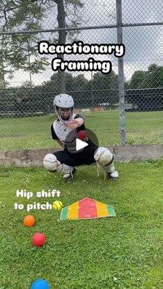 a person kneeling down on top of a field with balls in front of him and the caption reads recreational framing hip shift to pitch