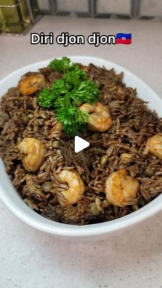 a white bowl filled with rice and shrimp