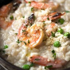 rice with shrimp and peas in a bowl