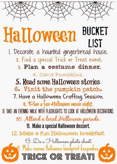 a halloween bucket list with pumpkins and spider web on the front, in black and orange