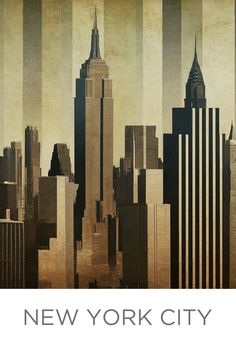 the new york city skyline is shown in sepia and black with vertical stripes on it