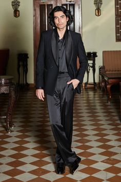 Black Terry Wool Plain Evans Double Breasted Tuxedo Set