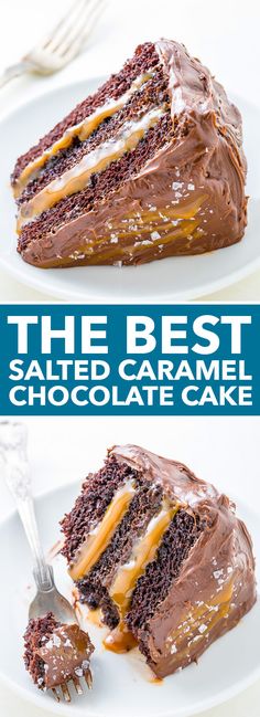 the best salted caramel chocolate cake is cut in half and ready to be eaten