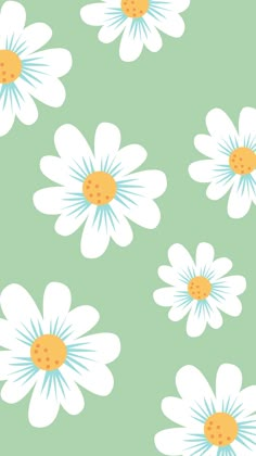 white daisies with yellow centers on a light green background, seamless fabric pattern