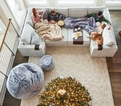 three people sitting on a couch in front of a christmas tree, with two dogs