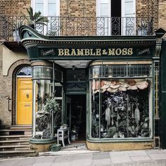 a store front with lots of plants in the window and on the side of the building