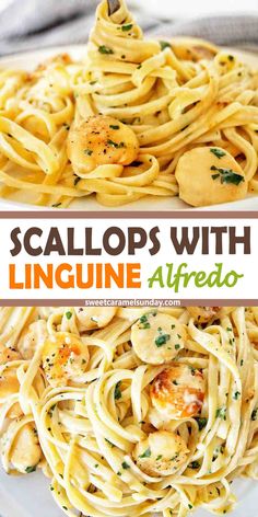 scallops with linguini alfredo on a white plate and the title overlay reads, scallops with linguini alfredo