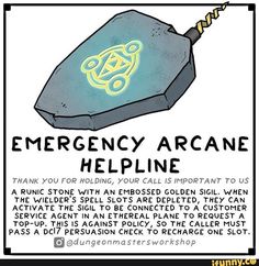 an advertisement for the emergency arcane helpline, which is written in black and yellow