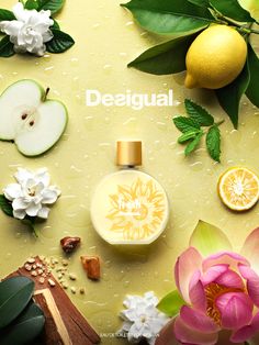 an assortment of flowers, fruit and perfume bottles on a yellow background with the words dejegul