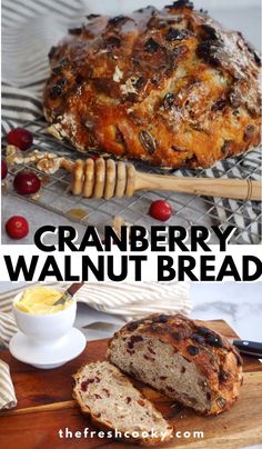 cranberry walnut bread on a cutting board with butter and honey in the background